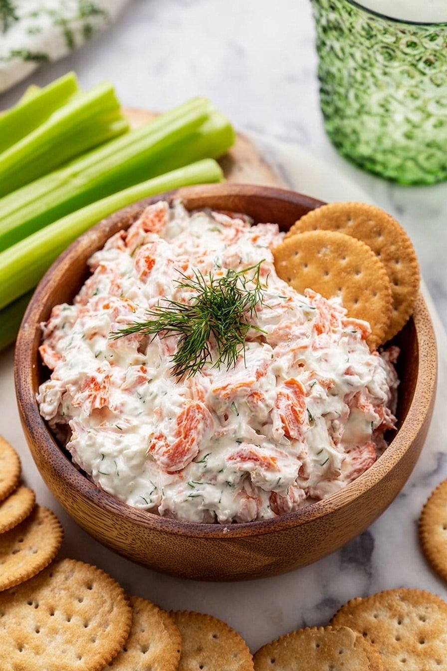 A brown bowl filled with a creamy white spread mixed with small pieces of red pepper, creating a textured and fluffy look. On top, a small green dill sprig decorates the spread. Two round crackers are placed on the right side, resting partly on the spread and bowl edge. Around the bowl, celery sticks and round crackers lay on a white marbled surface. In the background, a textured green glass with a light drink is visible. Photo taken with an iphone --ar 2:3 --v 7
