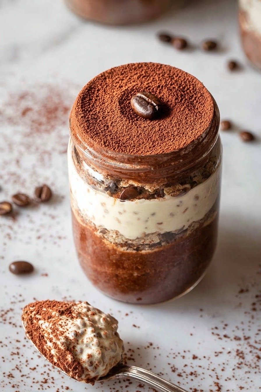 A small clear glass jar filled with three layers: the bottom layer is dark brown and textured, the middle layer is creamy white and smooth, and the top layer is another dark brown layer dusted with a fine cocoa powder evenly spread across the surface. On top, a single coffee bean sits in a small indentation in the cocoa powder. The jar is placed on a white marbled surface with scattered cocoa powder and coffee beans around it. A silver spoon with a scoop of the dessert, showing similar layers, rests nearby. Photo taken with an iphone --ar 2:3 --v 7