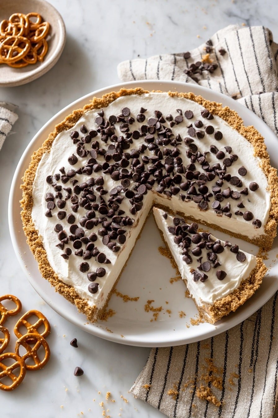 A pie with three clear layers sits on a white plate on a white marbled surface. The bottom layer is a crumbly light brown crust that holds the pie together, about one inch thick around the edges. The middle layer is a thick layer of smooth creamy white filling, evenly spread inside the crust. The top layer consists of many small, dark brown chocolate chips scattered all over the white filling, creating lots of small round shapes. One slice of the pie is cut and slightly moved away from the rest, showing all three layers clearly. Nearby are some small pretzels and a beige cloth with black stripes. Photo taken with an iphone --ar 2:3 --v 7