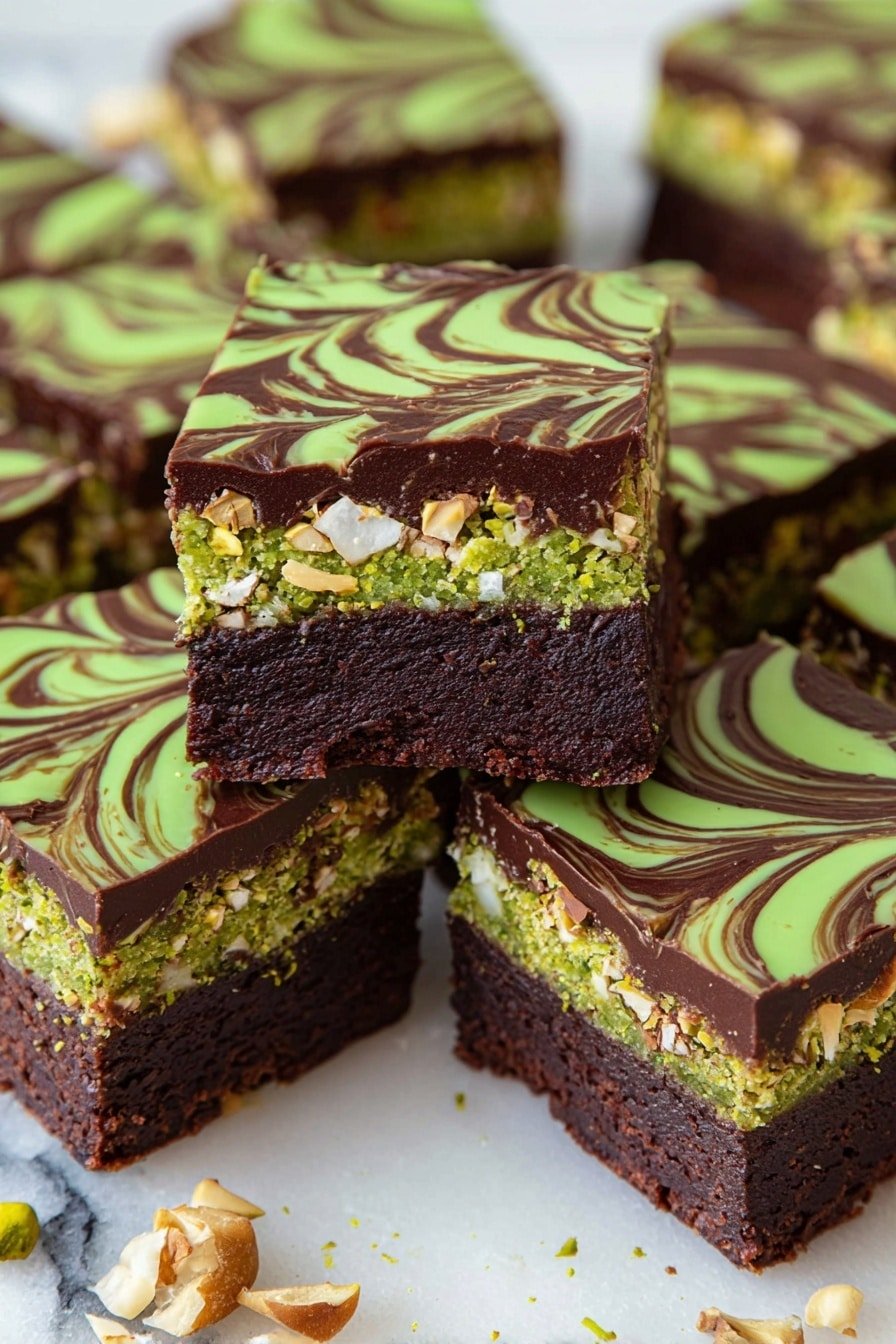 The image shows several square pieces of a multi-layered dessert. The bottom layer is dark brown, moist, and dense like chocolate cake. The middle layer is green with a crumbly texture mixed with white shreds that look like coconut and small bits of nuts. The top layer is a smooth, dark chocolate icing with bright green swirls that create a wave pattern on each piece. The dessert pieces are placed closely together on a white marbled surface, with some crushed nuts scattered nearby. Photo taken with an iphone --ar 2:3 --v 7