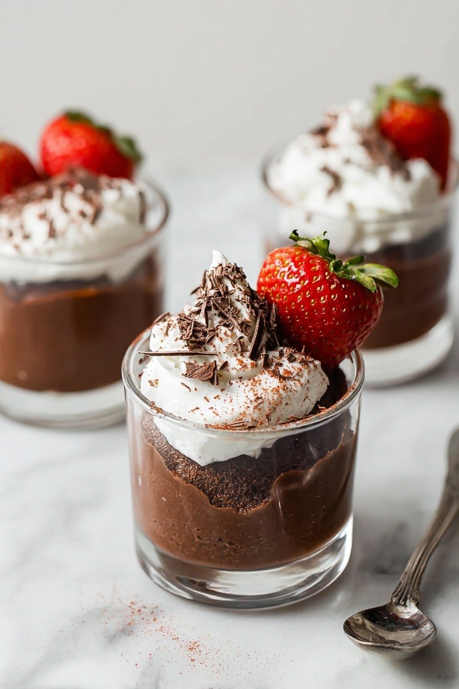 Three small clear glass cups sit on a white marbled surface, each filled with two layers: a thick dark brown chocolate mousse at the bottom and a fluffy white whipped cream on top. The whipped cream is lightly sprinkled with chocolate shavings and some reddish powder. A halved bright red strawberry with green leaves is placed on the edge of the whipped cream layer in each cup. Each cup also has a small ornate silver spoon standing inside. The focus is on the closest cup with the other two blurred in the background. photo taken with an iphone --ar 2:3 --v 7