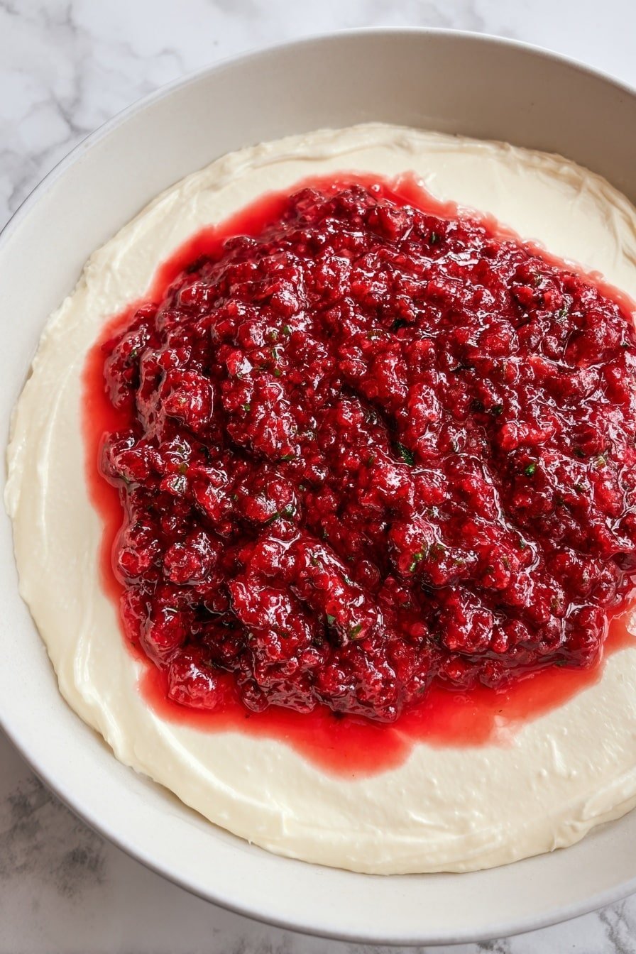 The image shows a dessert with two main layers in a white bowl placed on a white marbled surface. The bottom layer is smooth and creamy, off-white in color, spread thickly on the base and edges of the bowl in a circular shape. The top layer is a bright red fruit mixture with a coarse texture, slightly wet and chunky, spread over the center of the creamy base. Red juice from the fruit mixture seeps slightly into the creamy layer creating a contrast. The whole dish looks fresh and vibrant. photo taken with an iphone --ar 2:3 --v 7