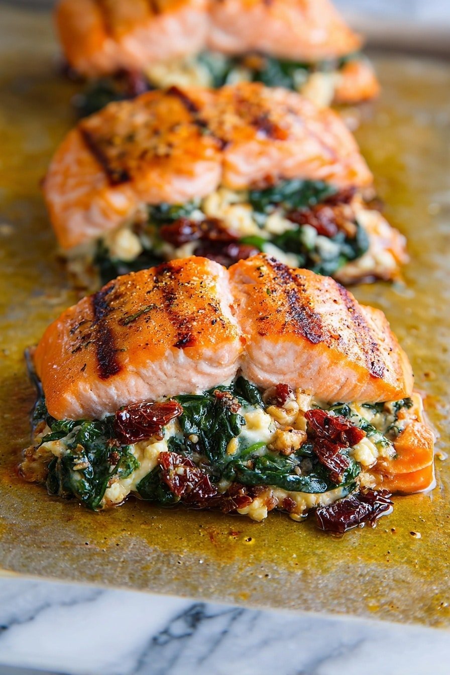 The image shows a close-up of a folded salmon fillet with three main layers: the top salmon layer is light orange with charred lines and black pepper seasoning, the middle layer contains cooked dark green spinach leaves, and the bottom layer features white crumbled cheese mixed with small dark red sun-dried tomato pieces. The salmon is placed on a white marbled surface with brown oily spots around it, and a fork is holding a piece of salmon on the right side of the image. Photo taken with an iphone --ar 2:3 --v 7