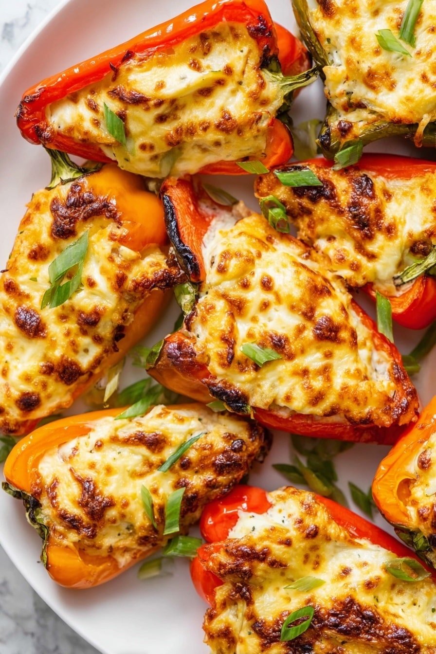 The image shows multiple stuffed pepper halves arranged close together on a white plate. Each pepper half is filled with a creamy white and slightly golden layer that seems baked, with small browned spots on top, creating a textured and uneven surface. The peppers themselves are red and orange, glossy and slightly roasted at edges with some dark char marks. Small green onion pieces are sprinkled on top, adding a fresh green contrast. All peppers are placed on a white marbled surface. photo taken with an iphone --ar 2:3 --v 7
