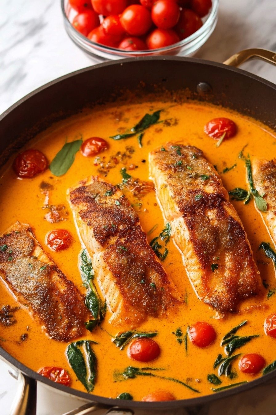 The image shows a pan with three pieces of cooked fish laying side by side in an orange creamy sauce. The fish has a browned, slightly crispy texture on top. The sauce has small green leaves and halved cherry tomatoes floating in it, adding green and red colors to the orange base. In the background, there is a white bowl filled with whole cherry tomatoes sitting on a white marbled surface. photo taken with an iphone --ar 2:3 --v 7
