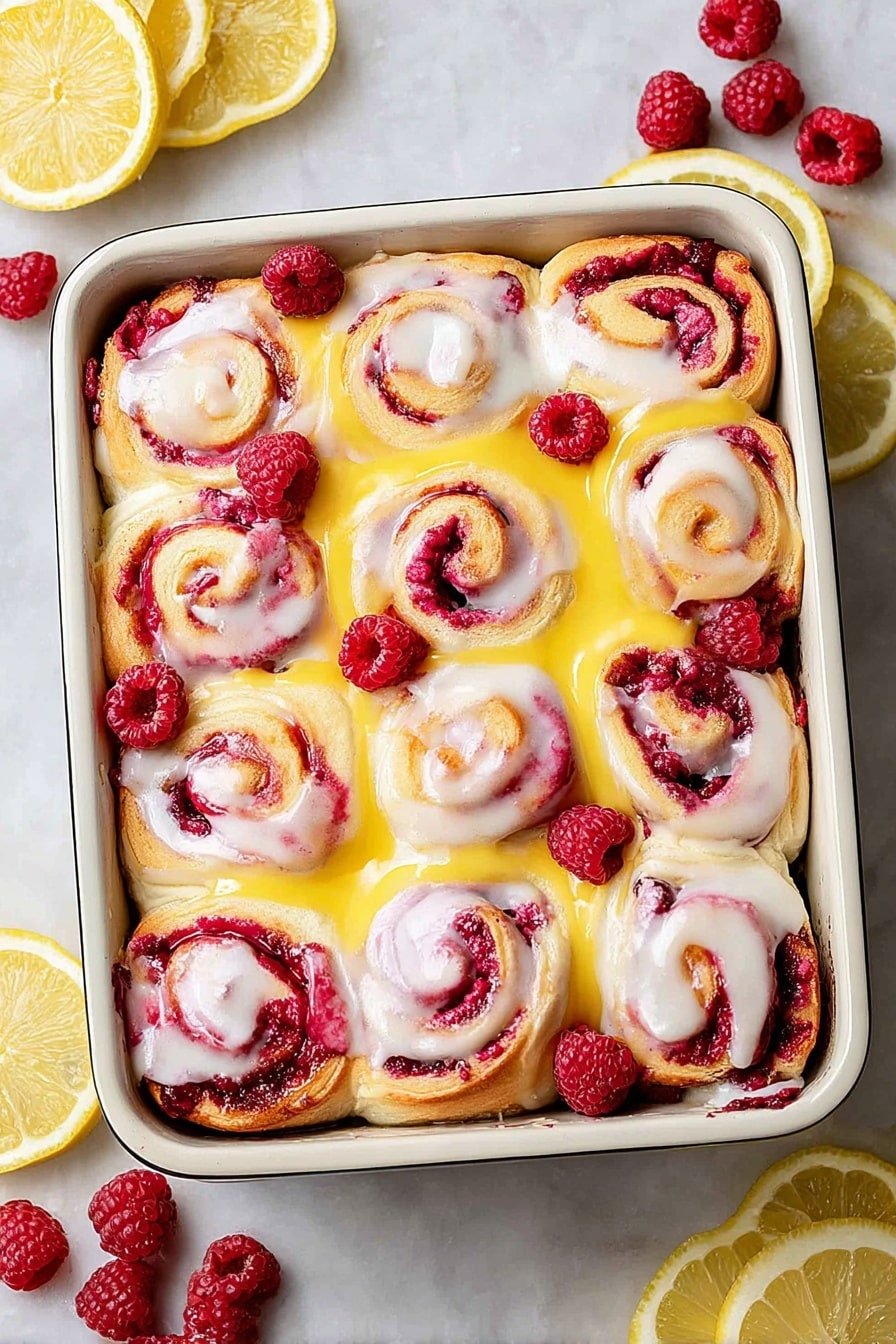 The image shows a metal baking pan filled with a dozen cinnamon roll–like swirls that each have three visible layers: a light golden dough base, a middle layer with bright red raspberry filling swirled throughout, and a thick top layer of white and glossy yellow cream drizzled generously over the rolls. The rolls are closely packed, with some fresh raspberries sitting on top for decoration. Around the pan, on a white marbled surface, are scattered whole fresh raspberries and sliced lemon wedges, adding a fresh contrast to the warm colors of the rolls. Photo taken with an iphone --ar 2:3 --v 7