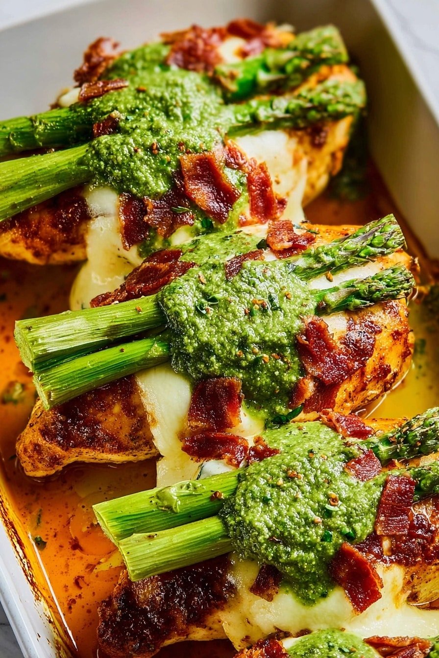 The dish shows four layers of cooked chicken pieces, each topped with bright green pesto sauce. Between each chicken layer, there are green asparagus stalks and melted white cheese, mixed with crispy red bits of bacon. The food is placed closely together on a white plate with a white marbled texture background, and there is some orange-colored sauce around the edges. The chicken skin looks browned and slightly crispy, with the cheese soft and gooey under it. Photo taken with an iphone --ar 2:3 --v 7