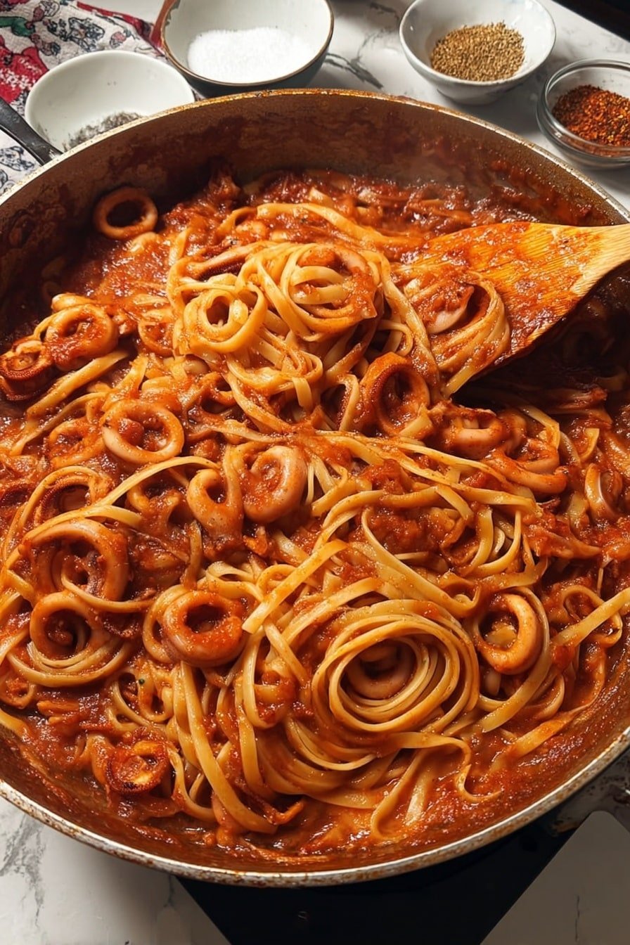 A large black pan filled with cooked linguine pasta mixed evenly in a rich, thick reddish-brown tomato sauce with visible pieces of meat or mushrooms. The pasta strands are tangled and coated well with the sauce, which has a slightly chunky texture. A wooden spoon is partially submerged on the right side of the pan, lifting some pasta and sauce. The background shows a white marbled countertop with some small white and red bowls holding ingredients like salt and spices, adding to the kitchen setting. photo taken with an iphone --ar 2:3 --v 7