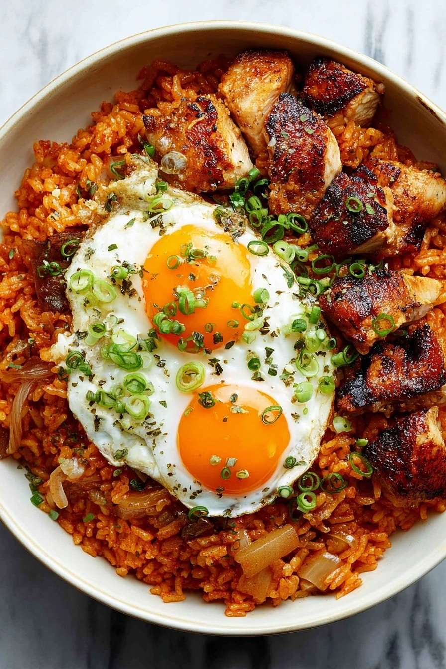 A white bowl filled with a base layer of cooked orange-red spicy rice mixed with small pieces of browned meat and bits of vegetables like onions. On top of this base, there are golden-brown grilled meat chunks scattered mostly on one side. Sitting on the rice near the center is a single fried egg with a bright orange yolk and white edges, sprinkled with chopped green onions and small green herbs. The bowl is placed on a white marbled surface, and a silver fork rests on the edge of the bowl. photo taken with an iphone --ar 2:3 --v 7
