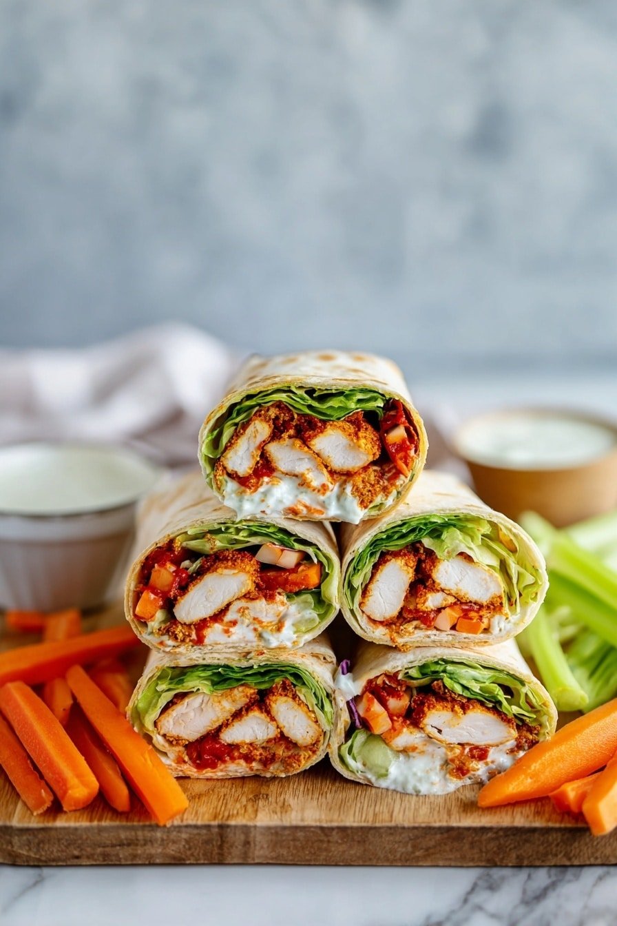 The image shows four wraps stacked on a wooden board, each wrap sliced in half to reveal layers inside. The inside layers include crispy white chicken with a reddish-orange sauce, fresh green lettuce, and a creamy white spread mixed with small pieces of red onions and carrots. Around the wraps, there are raw green celery sticks and orange carrot sticks on the wooden board. In the background, a small white bowl holds a creamy white dip. The scene is set on a white marbled surface with a soft blue background. photo taken with an iphone --ar 2:3 --v 7
