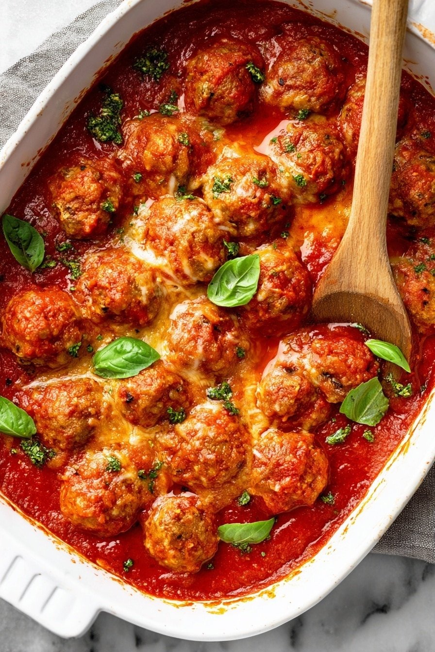 A white baking dish filled with about twelve round, golden-brown meatballs covered in thick, bright red tomato sauce. The sauce has a rich, slightly chunky texture, bubbling around the meatballs, which are partially covered in melted cheese. Fresh green basil leaves are scattered on top, adding a pop of color. A wooden spoon rests along the right edge of the dish, and the background is a white marbled surface. Photo taken with an iphone --ar 2:3 --v 7