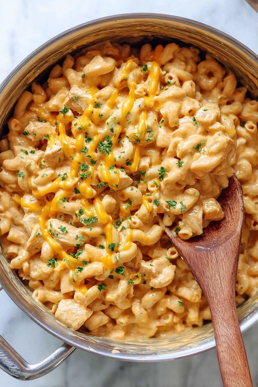 The image shows a large silver pot filled with several layers of creamy macaroni pasta mixed with light brown cooked chicken pieces, all covered evenly in a smooth, light orange cheese sauce. Small bits of melted cheddar cheese add a touch of deeper yellow on top, along with scattered finely chopped green herbs for a fresh contrast. A wooden spoon rests inside the pot on the right side, partially lifting a portion of the cheesy pasta and chicken mix. The pot is placed on a white marbled surface, adding brightness to the warm colors of the dish. photo taken with an iphone --ar 2:3 --v 7