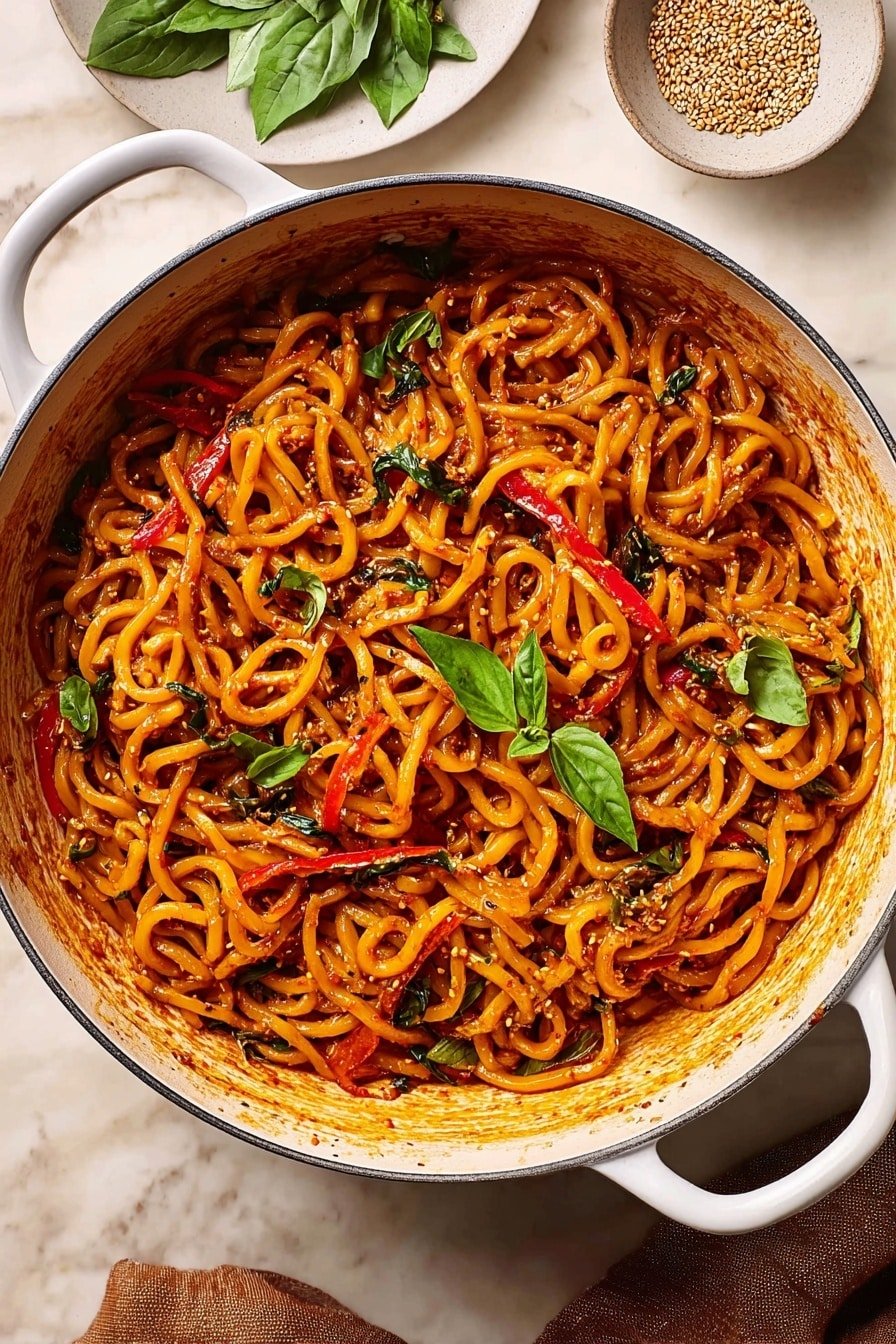 A large silver pan with two handles holds thick yellow noodles mixed with thin red pepper strips and small green leafy basil pieces scattered throughout. The noodles appear glossy and coated in a reddish sauce with bits of seasoning visible. Fresh basil leaves are placed on top, adding a pop of green contrast. The pan is on a white marbled surface with a folded brown cloth nearby, and two small white plates with sesame seeds and fresh basil sit in the background. The photo taken with an iphone --ar 2:3 --v 7