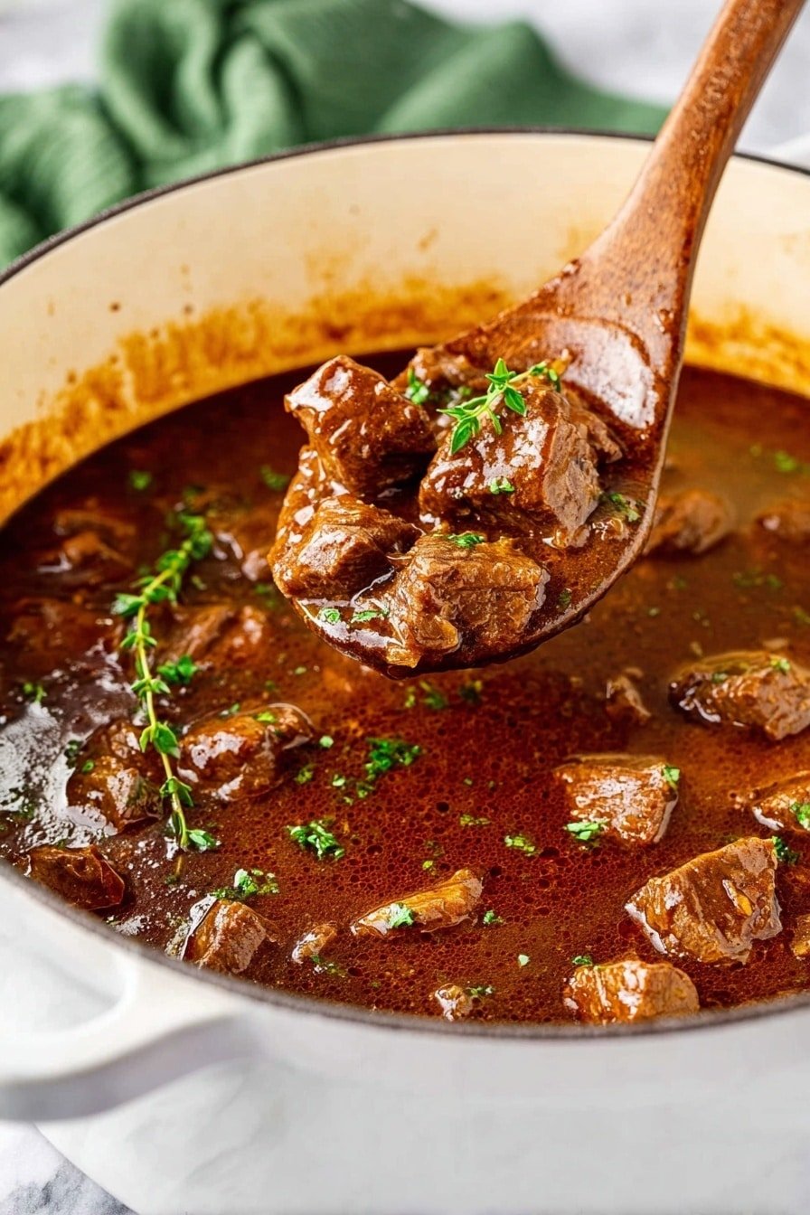 The image shows a white pot filled with dark brown stew with chunky pieces of meat scattered throughout. The meat pieces look tender and are coated with a shiny, thick sauce. Small pieces of fresh green herbs are sprinkled on top, adding a pop of color. A silver spoon is dipped into the stew, lifting some meat and sauce above the pot. The pot sits on a white marbled surface with a blurred cloth in the background. photo taken with an iphone --ar 2:3 --v 7