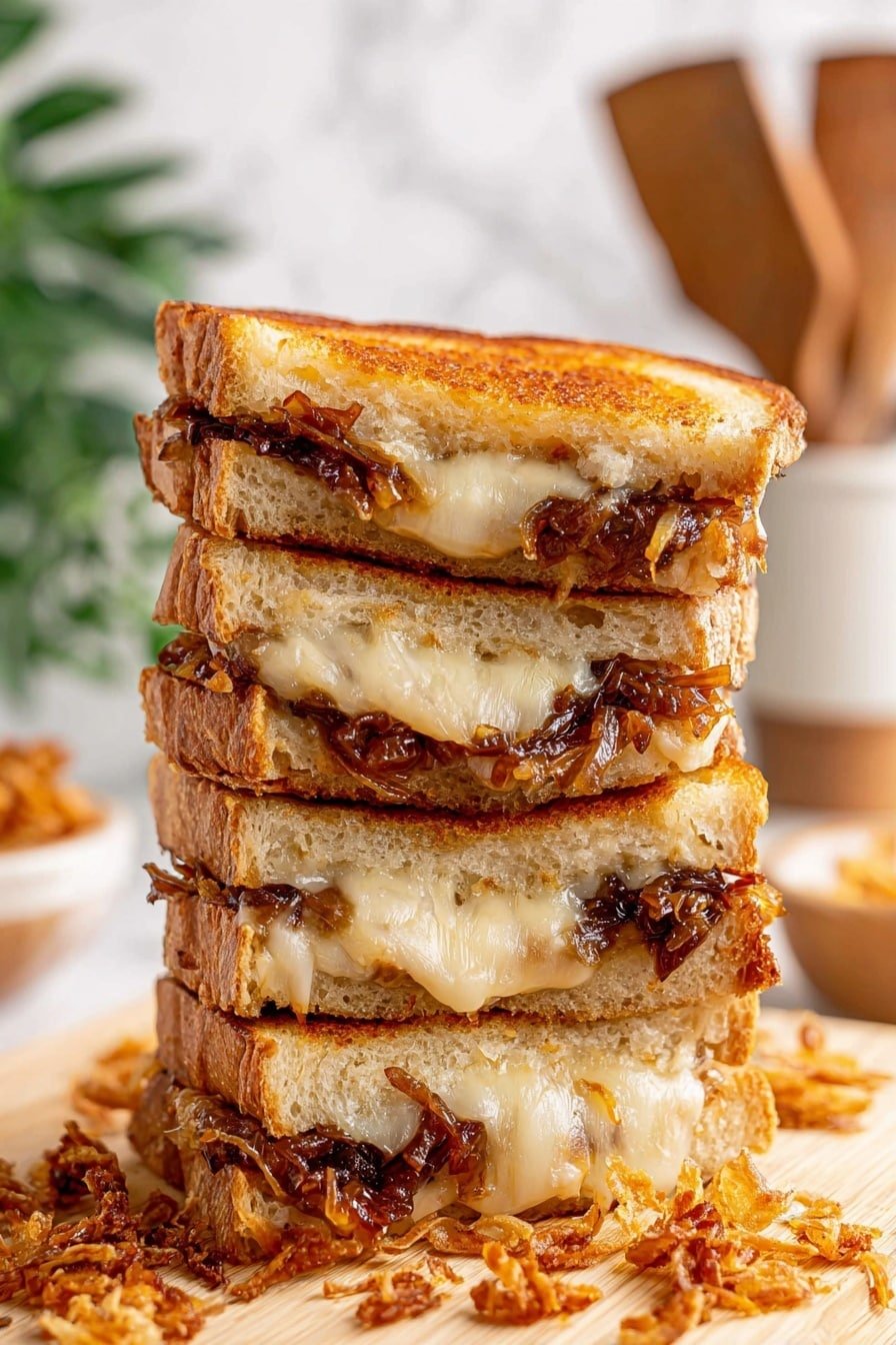 A tall stack of four grilled sandwiches is shown, each sandwich having three layers of thick, slightly browned white bread. Between the bread layers is a filling of melted white cheese and dark caramelized onions that look soft and shiny. The bread’s top and sides are toasted to a golden brown with some darker spots. The sandwiches are stacked unevenly on a light wooden board with some crispy fried onion bits scattered around the base. The background includes a soft focus with green foliage and wooden kitchen tools visible on a white marbled surface. Photo taken with an iphone --ar 2:3 --v 7