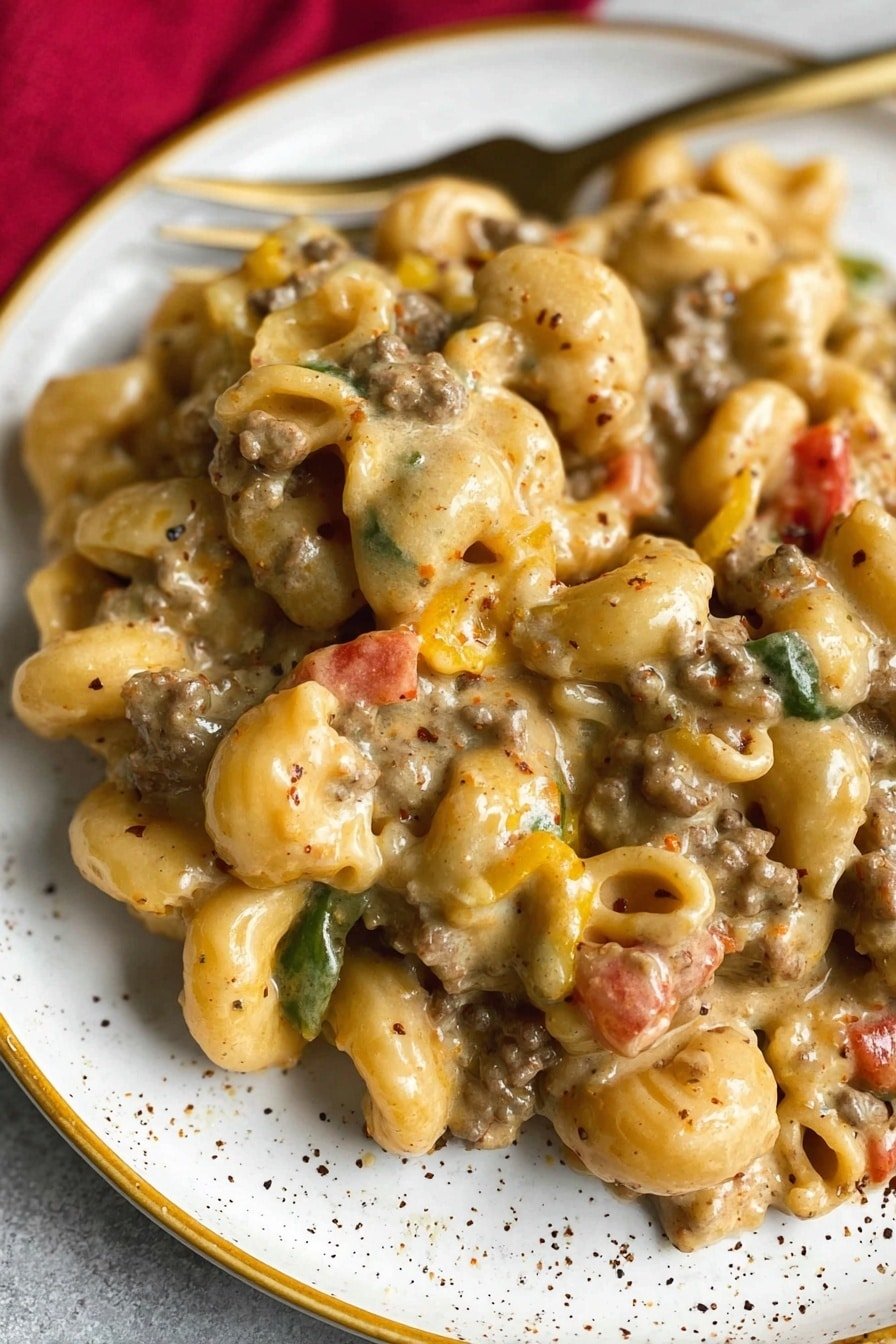 A close-up view of a white plate with a black rim, filled with about three layers of tortellini pasta coated in a thick, creamy, light beige sauce speckled with black and red spices. Mixed in are small pieces of cooked ground meat, wilted green leaves, and bits of red and yellow bell peppers, adding texture and color contrast. A gold fork rests on the left edge of the plate against a white marbled surface. The focus is sharp on the front layer of tortellini, showing their smooth, slightly shiny texture photo taken with an iphone --ar 2:3 --v 7