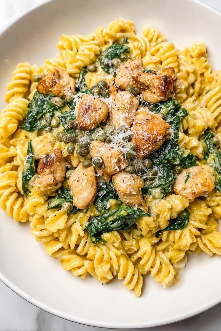 A white plate holds a creamy pasta dish with four main layers. The base layer is pale yellow pasta spirals with a smooth, creamy texture. On top of the pasta, there are fresh, dark green spinach leaves mixed evenly. Scattered across the spinach and pasta are small, round green capers adding texture. The top layer features chunks of golden-brown cooked chicken with a slightly crispy outside, sprinkled with grated white cheese. The dish rests on a white marbled surface. Photo taken with an iphone --ar 2:3 --v 7