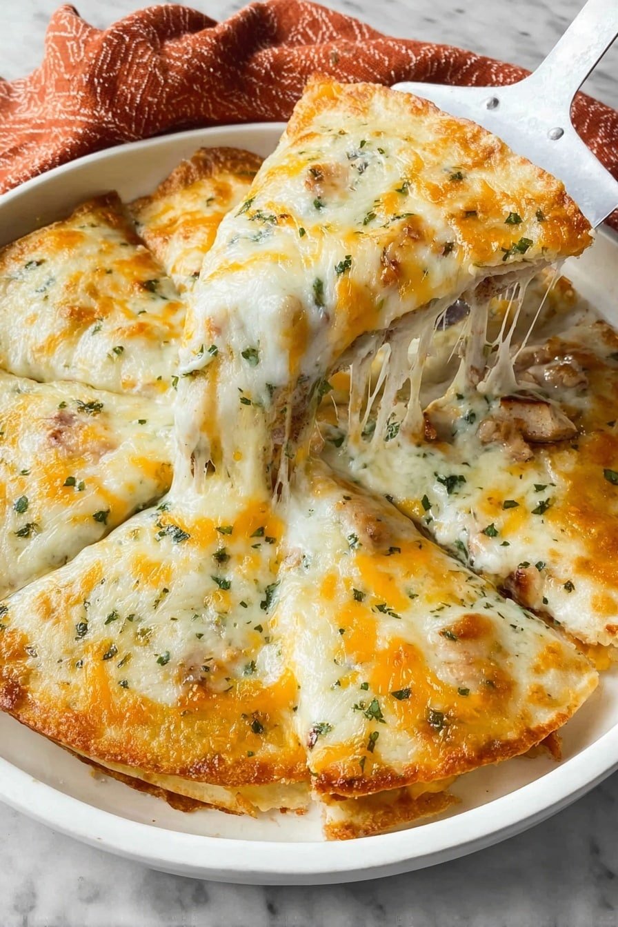 A white round baking dish on a white marbled surface holds a cheesy dip with a golden brown baked edge of crust. The dip has two layers: the bottom layer is a soft white creamy base, and the top layer is melted cheese with white, light yellow, and orange patches, sprinkled with green herbs. One slice of the dip is being lifted with a white spatula with a gold handle, showing stretchy melted cheese strings connecting the lifted piece to the rest. Photo taken with an iphone --ar 2:3 --v 7