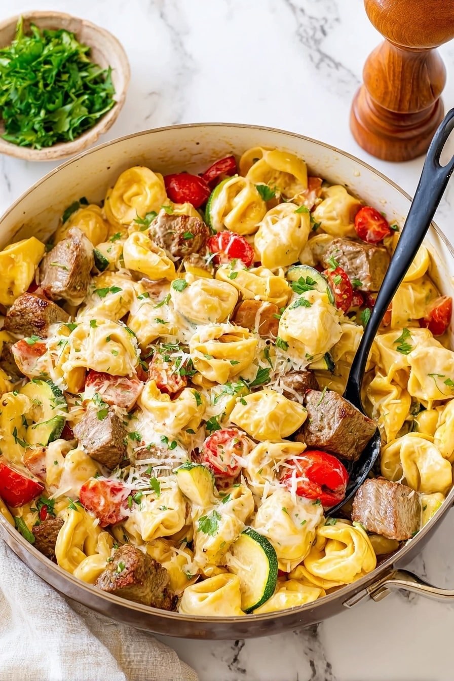 The image shows a white pot filled with three layers of colorful ingredients. The bottom layer is yellow tortellini pasta with a smooth texture. The middle layer includes chunks of brown cooked meat, pieces of cooked light green zucchini, white onion slices, and bright red cherry tomatoes. The top layer is a creamy white sauce with green herbs spread unevenly, along with small bits of grated cheese sprinkled across the dish. A wooden spoon with a long handle rests inside the pot on the right side, slightly stirring the dish. The pot sits on a white marbled surface, with a wooden pepper grinder and a small bowl of fresh green parsley in the background. Photo taken with an iphone --ar 2:3 --v 7
