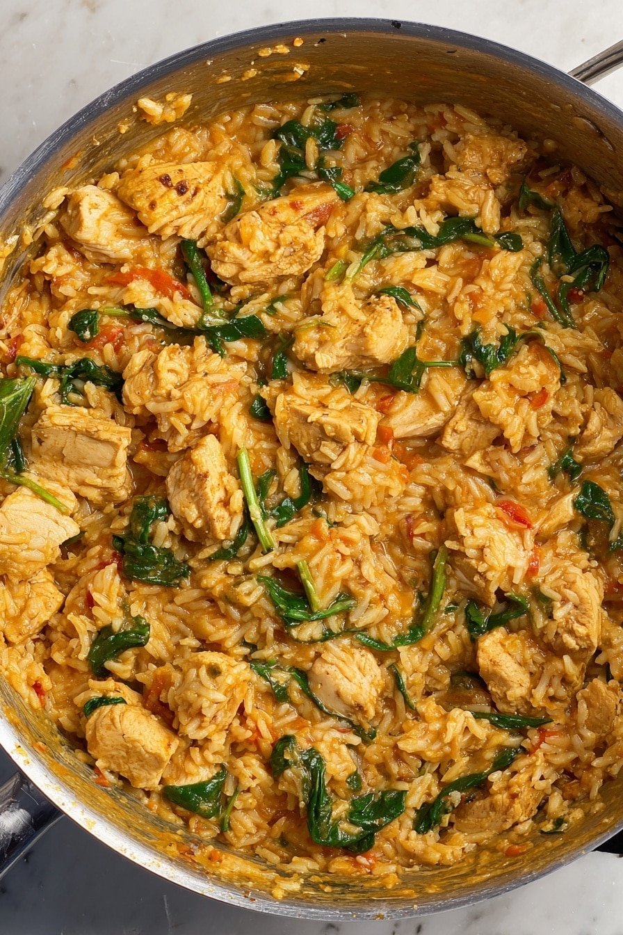 A close-up view inside a metal pot filled with a creamy orange-colored rice dish, with tender pieces of cooked chicken mixed throughout. Bright green spinach leaves are scattered evenly on top and within the rice, adding contrast. The rice looks soft and coated in sauce, with small bits of orange carrot pieces visible. The pot is set on a white marbled texture. Photo taken with an iphone --ar 2:3 --v 7