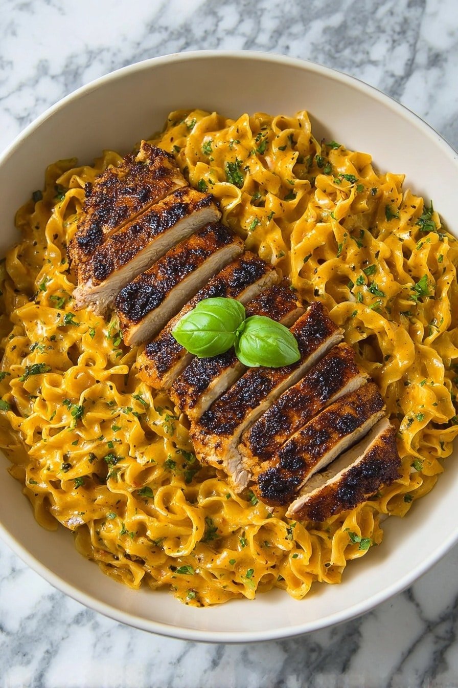 In an ornate white bowl, there is a bed of creamy, orange-yellow noodles with a wavy texture and small flecks of green herbs mixed throughout. On top, a piece of grilled chicken is sliced into eight even strips and laid out in a straight line across the noodles. The chicken has a dark brown, slightly charred surface with some green herb bits sprinkled on it. At the center of the chicken, two small, bright green basil leaves are placed for garnish. The bowl sits on a white marbled texture. photo taken with an iphone --ar 2:3 --v 7