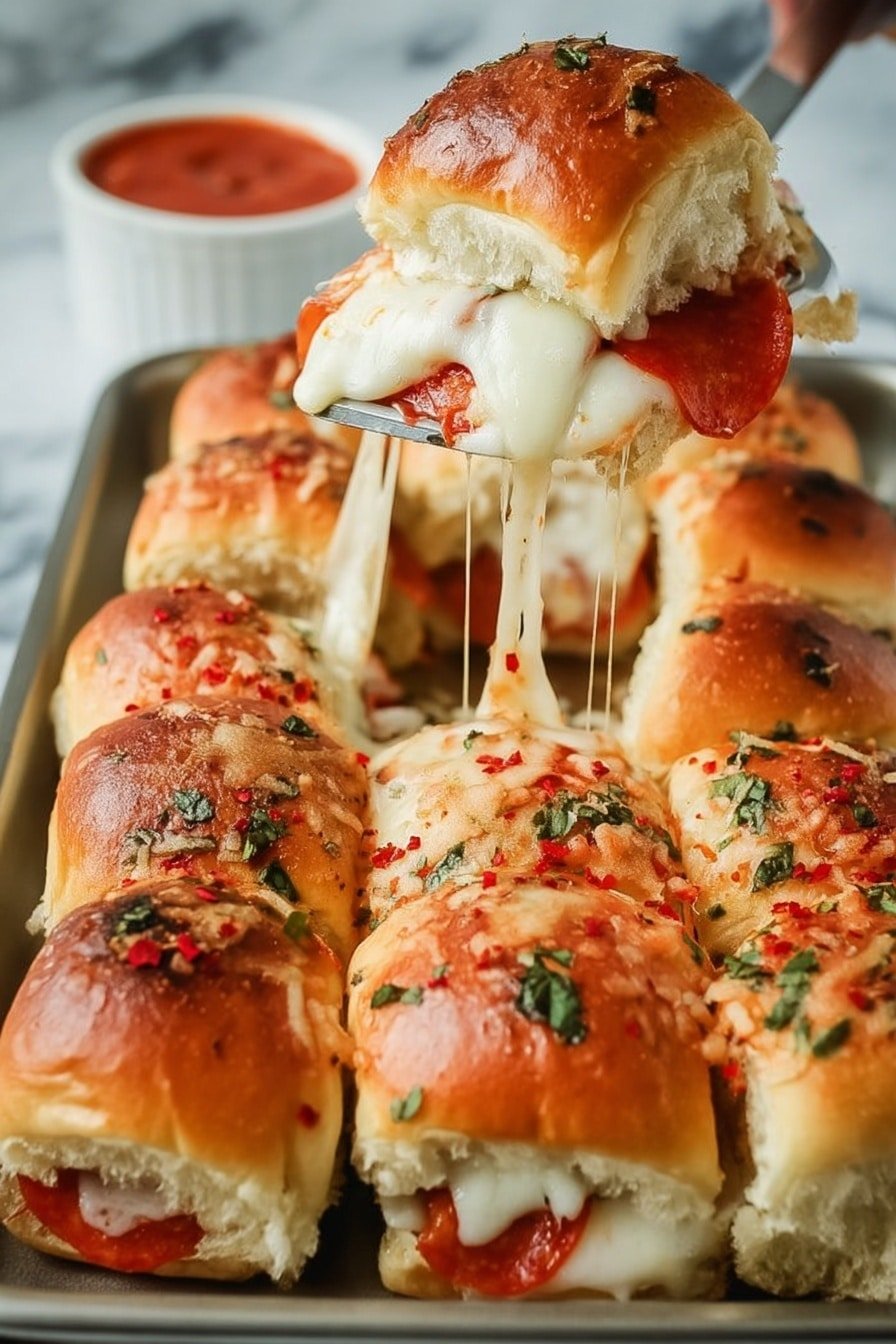 The image shows a close-up of a group of small sandwiches on a dark tray, arranged in three rows and three columns, making nine pieces. Each sandwich has a shiny, golden-brown top bun sprinkled with green herbs and small red flakes. Inside, there is a thick layer of melted white cheese stretching out as one sandwich is lifted, along with slices of bright red pepperoni peeking through the cheese. The bottom buns look soft and lightly toasted. In the background, a small ornate white bowl with red sauce sits slightly out of focus on a white marbled texture. A woman's hand is holding the lifted sandwich with a knife lifting it higher, pulling the melted cheese strands. photo taken with an iphone --ar 2:3 --v 7