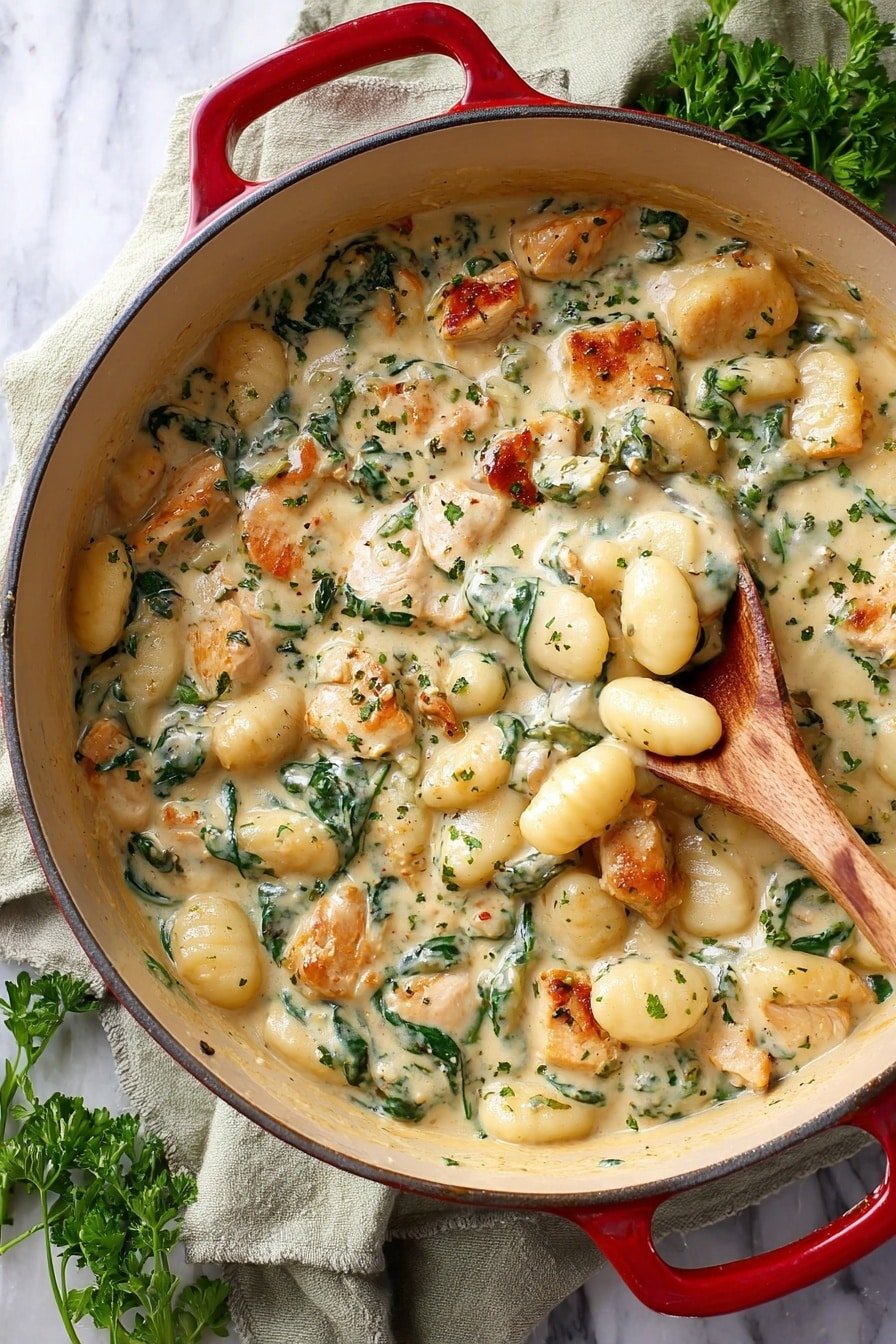 A large round pot with a black rim and black handles is filled with a creamy dish consisting of three main layers: the bottom layer is soft, oval-shaped gnocchi in a pale off-white color, the middle layer has golden-brown pieces of cooked chicken scattered evenly, and the top layer is thick, light cream sauce mixed with green spinach leaves and sprinkled herbs. A wooden spoon rests inside the pot, lifting some of the creamy mixture. The pot sits on a white marbled surface with a light beige cloth and some fresh parsley visible in the background. Photo taken with an iphone --ar 2:3 --v 7