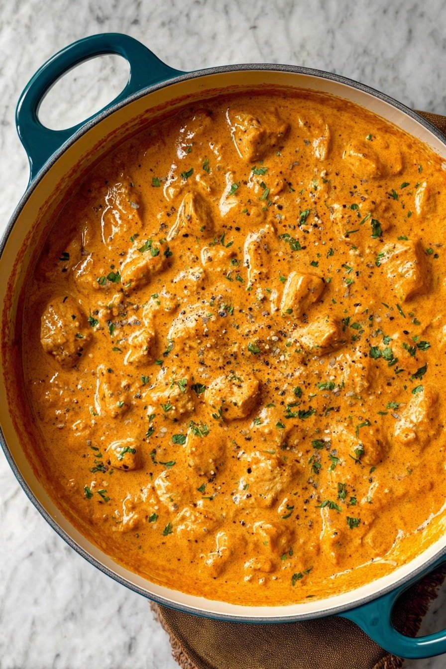 A large ornate white pan with bright blue handles holds a thick, creamy orange sauce with visible chunks of tender meat throughout. The sauce has a smooth, slightly textured surface with flecks of green herbs and black pepper sprinkled evenly across the top. The pan is placed on a white marbled surface that contrasts with the vibrant colors of the dish. The sauce fills the pan to just below the rim, showing a rich and hearty stew-like consistency. photo taken with an iphone --ar 2:3 --v 7