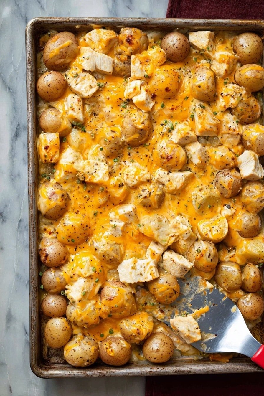 The image shows a large metal baking tray filled with a layered dish. The base layer consists of whole small potatoes with smooth brown skin, spread evenly across the tray. On top, there are many pieces of white chicken, cut into bite-sized chunks and scattered between the potatoes. The entire tray is covered with melted orange cheddar cheese that stretches and clings over the potatoes and chicken, creating a bubbly and creamy texture. Black pepper and small green herb bits are sprinkled across the surface, adding color contrast and texture. A metal spatula with a red handle rests on the lower right edge of the tray, slightly lifting some of the cheesy potatoes and chicken. The tray is set on a white marbled texture. photo taken with an iphone --ar 2:3 --v 7
