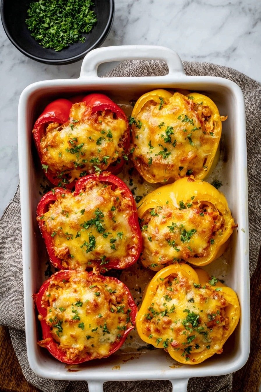 The dish shows six stuffed bell pepper halves arranged closely in a rectangular white baking dish with handles. There are three red and three yellow bell pepper halves, each filled with a mixture of textured rice and small meat pieces, topped with melted golden-yellow cheese that looks bubbly and slightly browned. Small green herb bits are sprinkled on top for a fresh touch. The baking dish is placed on a wooden surface, with a small black bowl of chopped green herbs in the upper left corner and a fork and spoon resting on the lower right. The overall look is warm, colorful, and inviting. photo taken with an iphone --ar 2:3 --v 7