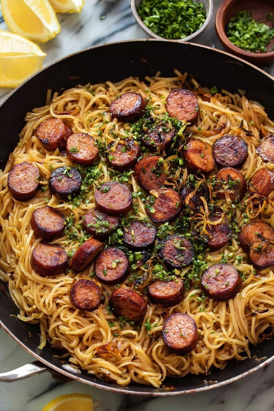 A large black pan filled with a single layer of long, light brown noodles twisted and spread evenly, topped with a generous layer of round sausage slices that are dark brown with slightly charred edges, sprinkled lightly with small green herb pieces. The pan sits on a white marbled surface with small bowls filled with chopped herbs in the background and lemon wedges to the side. photo taken with an iphone --ar 2:3 --v 7