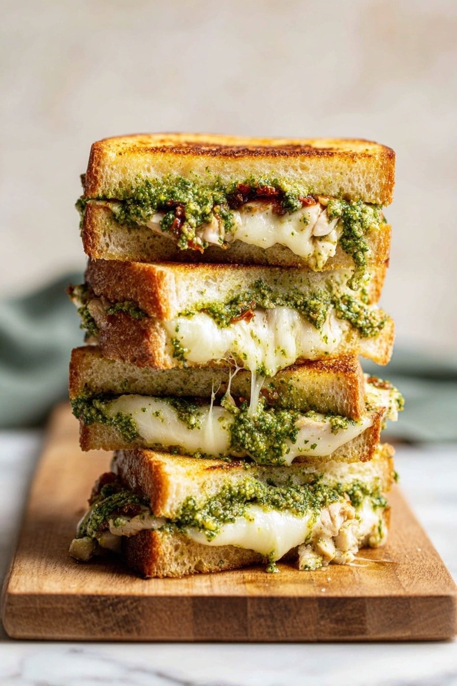 A stack of four thick toasted sandwich halves is arranged vertically on a wooden board placed on a white marbled surface. Each sandwich has two slices of golden-brown toasted bread with a layer of melted white cheese that stretches slightly between the halves. On top of the cheese, there is a chunky green pesto spread covering most of the sandwich inside, with bits of sun-dried tomatoes peeking through in some layers. The edges of the pesto spread are uneven and textured, and some spread is gently spilling out from between the bread slices. The background is softly blurred in light gray tones. photo taken with an iphone --ar 2:3 --v 7