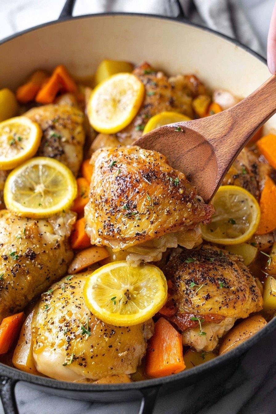 A close-up view of a black cast iron skillet filled with golden-brown chicken thighs seasoned with black pepper and herbs, showing a shiny, slightly crispy texture. Thin, bright yellow lemon slices are layered over and around the chicken, adding fresh color. Pieces of orange carrots and mushrooms peek from under the chicken, adding a mix of warm tones. A wooden spoon, held by a woman's hand, is lifting one of the chicken thighs. The background shows a white marbled texture. photo taken with an iphone --ar 2:3 --v 7