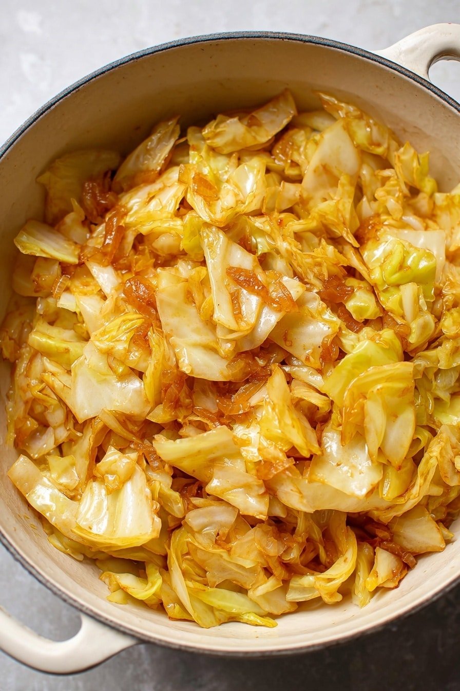 This image shows a close-up of cooked cabbage on a white bowl, placed on a white marbled surface. The cabbage is in many irregular pieces with a light golden-yellow color mixed with slightly browned edges, showing a soft and tender texture. Some caramelized onion bits are visible among the cabbage pieces, adding a deeper orange-brown hue. The cabbage appears well-cooked with a light shine from the oil or butter used, and the overall look is warm and appetizing. photo taken with an iphone --ar 2:3 --v 7