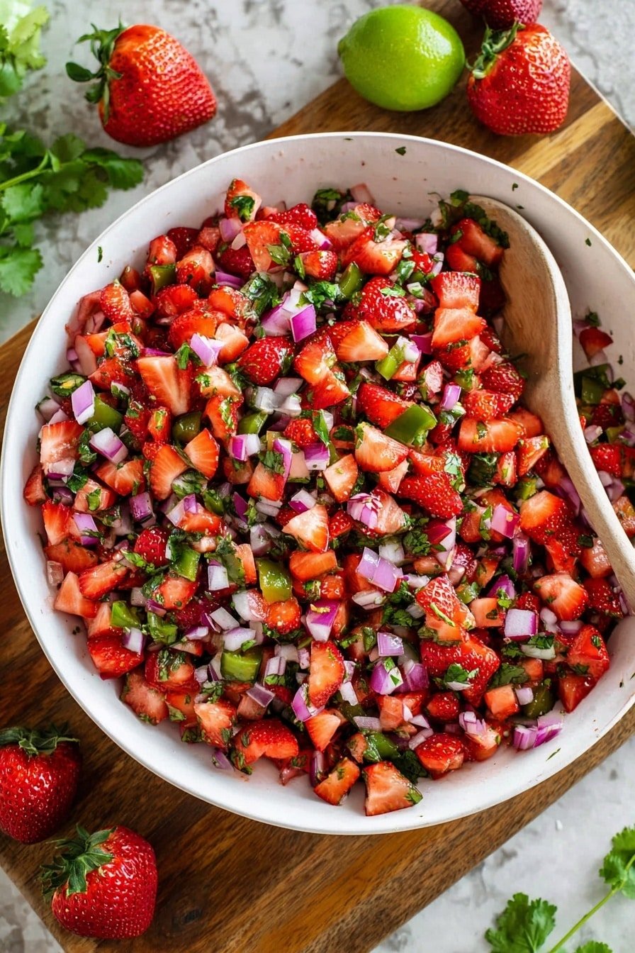 A white bowl filled with a colorful mix of diced red strawberries, green jalapeños, purple red onions, and chopped green cilantro leaves, all mixed together. The salad pieces are roughly square and spread evenly throughout the bowl. The bowl sits on a wooden board with some fresh whole strawberries, green lime, and a few cilantro leaves scattered around. A black spoon is placed inside the bowl on the right side. The background and surface are a white marbled texture. Photo taken with an iphone --ar 2:3 --v 7