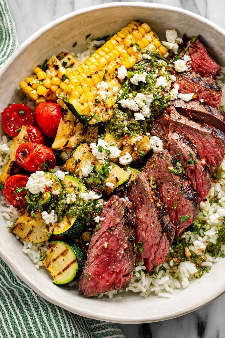 This dish is served in a white bowl on a white marbled surface. At the base, there is a layer of white rice mixed with fresh green herbs. On top of the rice, there are grilled yellow corn kernels, small grilled zucchini cubes with a light brown char, and bright red roasted cherry tomatoes. Above the vegetables, there are slices of medium-rare steak showing pink centers with a hint of black pepper on the edges. A green herb sauce is being drizzled on top from a silver spoon held by a woman's hand. The dish is sprinkled with white crumbled cheese, adding texture and contrast to the colors. photo taken with an iphone --ar 2:3 --v 7