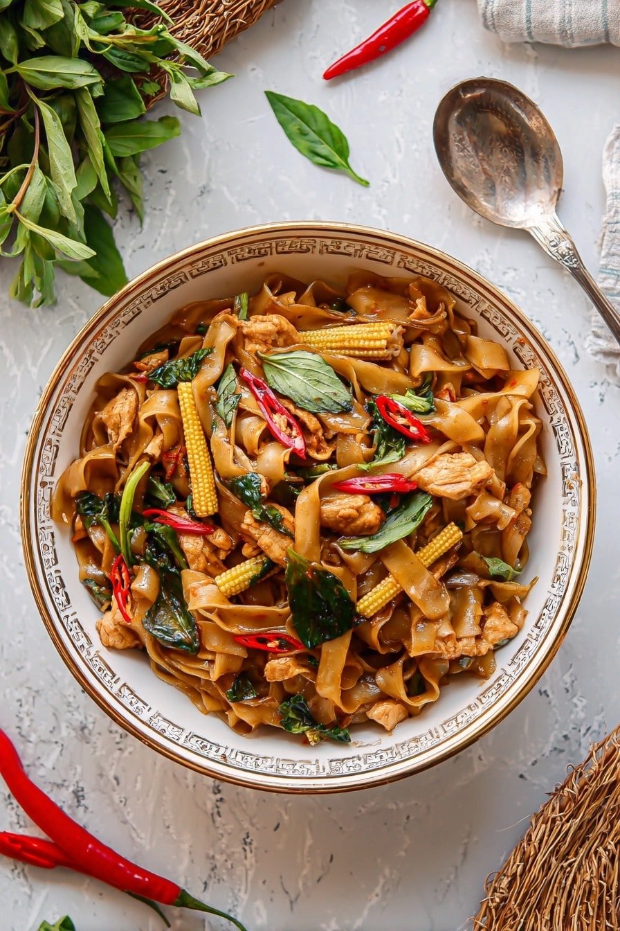 The image shows a bowl filled with wide, flat noodles cooked with pieces of chicken that have a light brown, grilled look, scattered among the noodles. There are bright yellow baby corn lying slightly on top of the noodles, alongside thin, red chili strips and fresh green basil leaves spread throughout the dish. The noodles have a slightly shiny, brown sauce coating them, giving a moist texture. The bowl is white with a blue-gray patterned border and is placed on a surface covered with vintage newspaper print and a woven mat around it. Two white ceramic spoons sit above the bowl, next to fresh green herbs and a single red chili, with a pair of wooden chopsticks resting to the right side. The whole setting is on a white marbled textured surface. photo taken with an iphone --ar 2:3 --v 7
