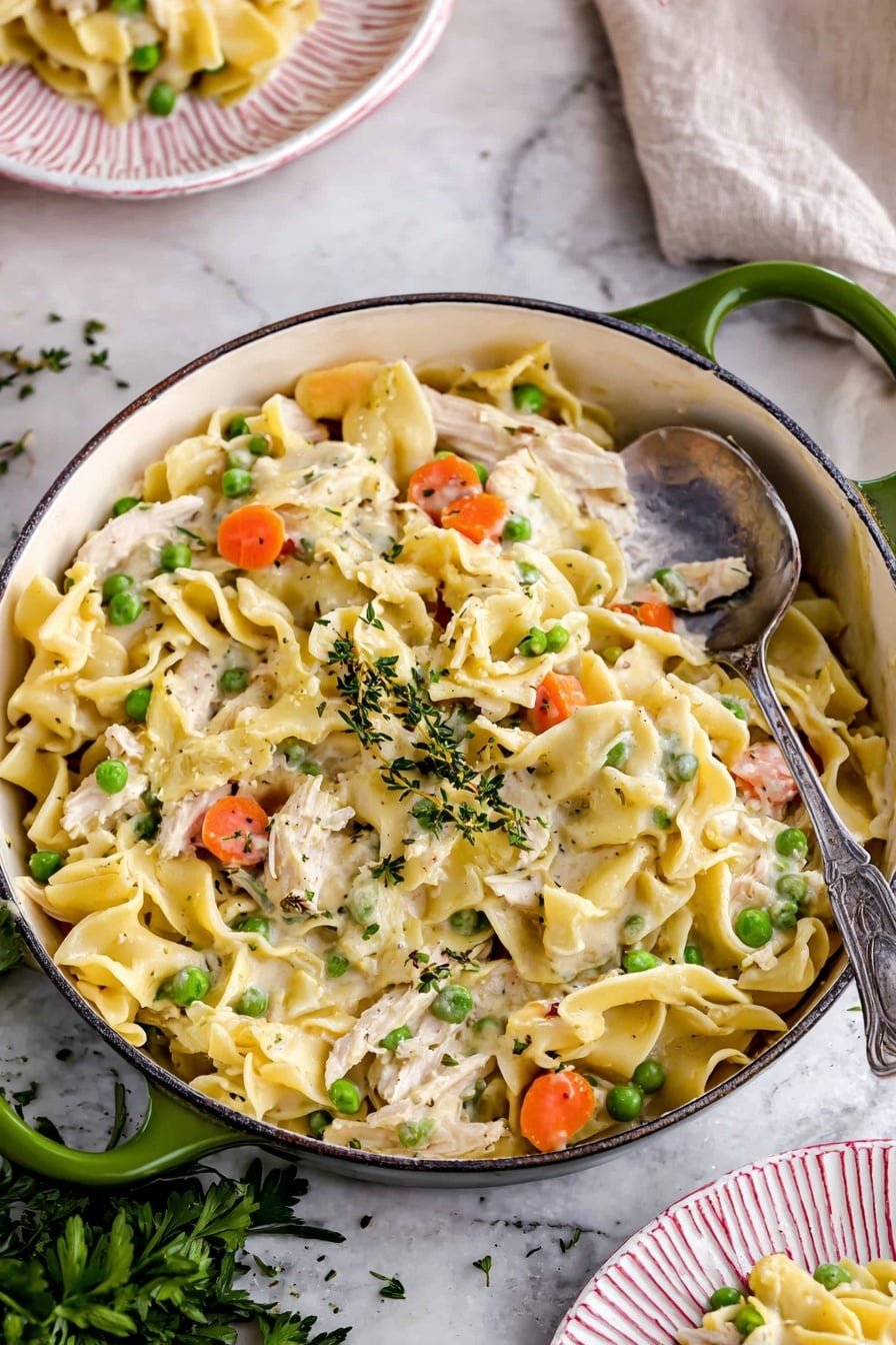 The image shows a white speckled ceramic bowl filled with a creamy pasta dish. The dish has three main layers: wide, wavy yellow pasta ribbons mixed with small green peas and bright orange carrot rounds, and small chunks of white chicken all coated in a thick light cream sauce. On top, there is a small sprig of fresh green thyme placed as a garnish. A silver spoon rests inside the bowl, with its handle leaning on the edge. The bowl is set against a white marbled textured surface, accompanied by some fresh parsley leaves and two extra silver spoons nearby. In the background, part of a white plate with pinkish stripes and some of the same pasta mix can be seen. photo taken with an iphone --ar 2:3 --v 7