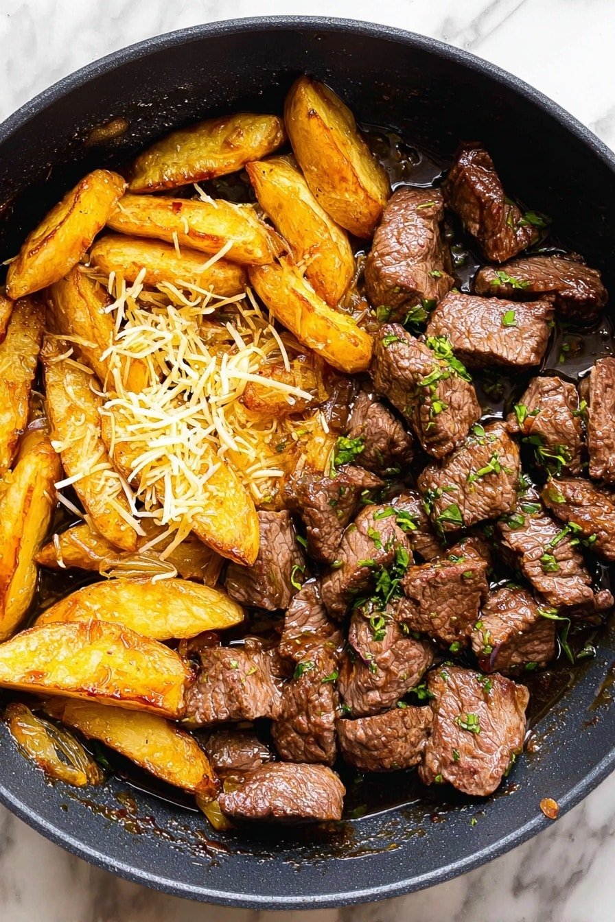 The image shows a close-up of a black frying pan filled with two main layers: on the left side, golden-brown potato wedges with a slightly crispy texture and sprinkled light yellow shredded cheese, and on the right side, medium-sized brown cooked beef pieces with a shiny, moist surface and small bits of green herbs scattered on top. Both layers sit in a thin, glossy sauce that lightly coats the food and the pan. The background beneath the pan is a white marbled texture. photo taken with an iphone --ar 2:3 --v 7