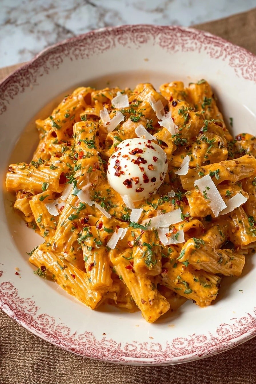 This dish shows a pile of rigatoni pasta covered in creamy orange sauce with visible green herbs and red chili flakes mixed in. The pasta is arranged in the center of an ornate white bowl with a faint blue rim, placed on a white marbled surface. On top of the pasta, there is a single small ball of white cheese garnished with extra red chili flakes, and scattered shavings of white cheese and more chopped green herbs decorate the pasta, giving it a textured and fresh look. The sauce clings thickly to the rigatoni with some pieces standing out clearly, showing their hollow centers. Photo taken with an iphone --ar 2:3 --v 7