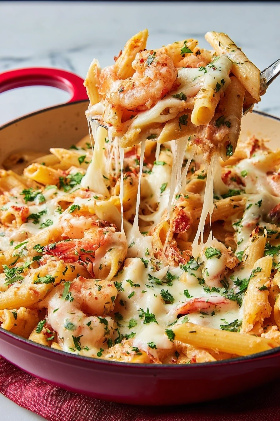 The image shows a red pan filled with cooked penne pasta mixed with pink cooked shrimp, melted white cheese strands stretching up from the pan, and scattered chopped green herbs on top. The pasta and shrimp are mixed with a light orange sauce, with small bits of red visible throughout. A woman's hand is lifting a spoonful of the cheesy shrimp and pasta from the pan, showing the creamy texture and melted cheese. The pan sits on a white marbled texture. photo taken with an iphone --ar 2:3 --v 7
