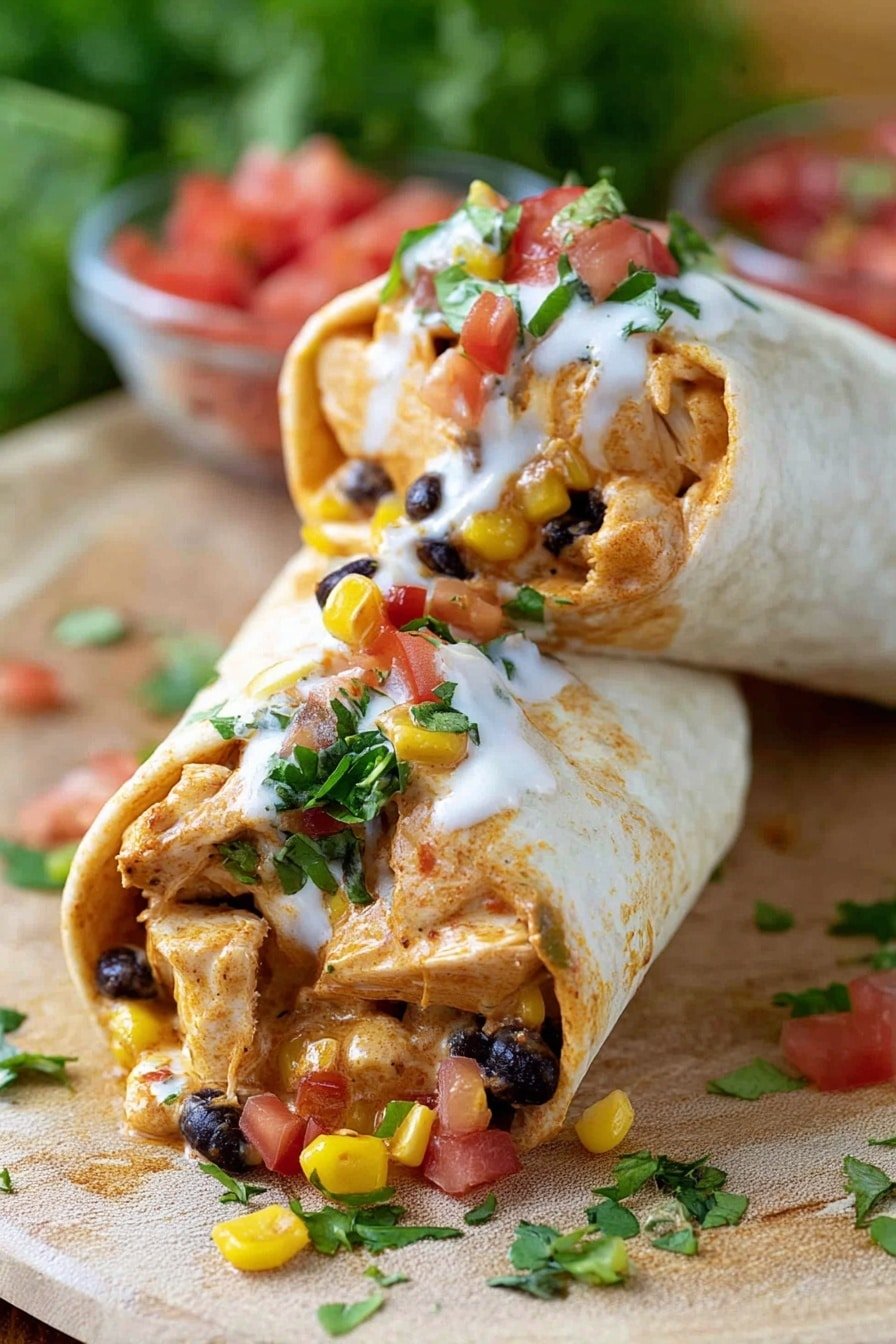 Two burritos are placed on a light beige flat surface. Each burrito is wrapped in a soft, pale tortilla with a slightly toasted edge. The burrito in the front is open at the end and filled with creamy orange sauce, chunks of light brown cooked chicken, yellow corn kernels, black beans, and small pieces of red and green bell peppers. On top, there is a layer of white sour cream with bright red tomato bits and green herbs. The burrito in the back shows a similar filling but is upright and partially open, revealing the same colors and textures inside. Some chopped red tomatoes, green herbs, and white onion pieces are scattered around the burritos. The background has blurred green leafy vegetables and a small glass bowl with more diced red tomatoes. photo taken with an iphone --ar 2:3 --v 7