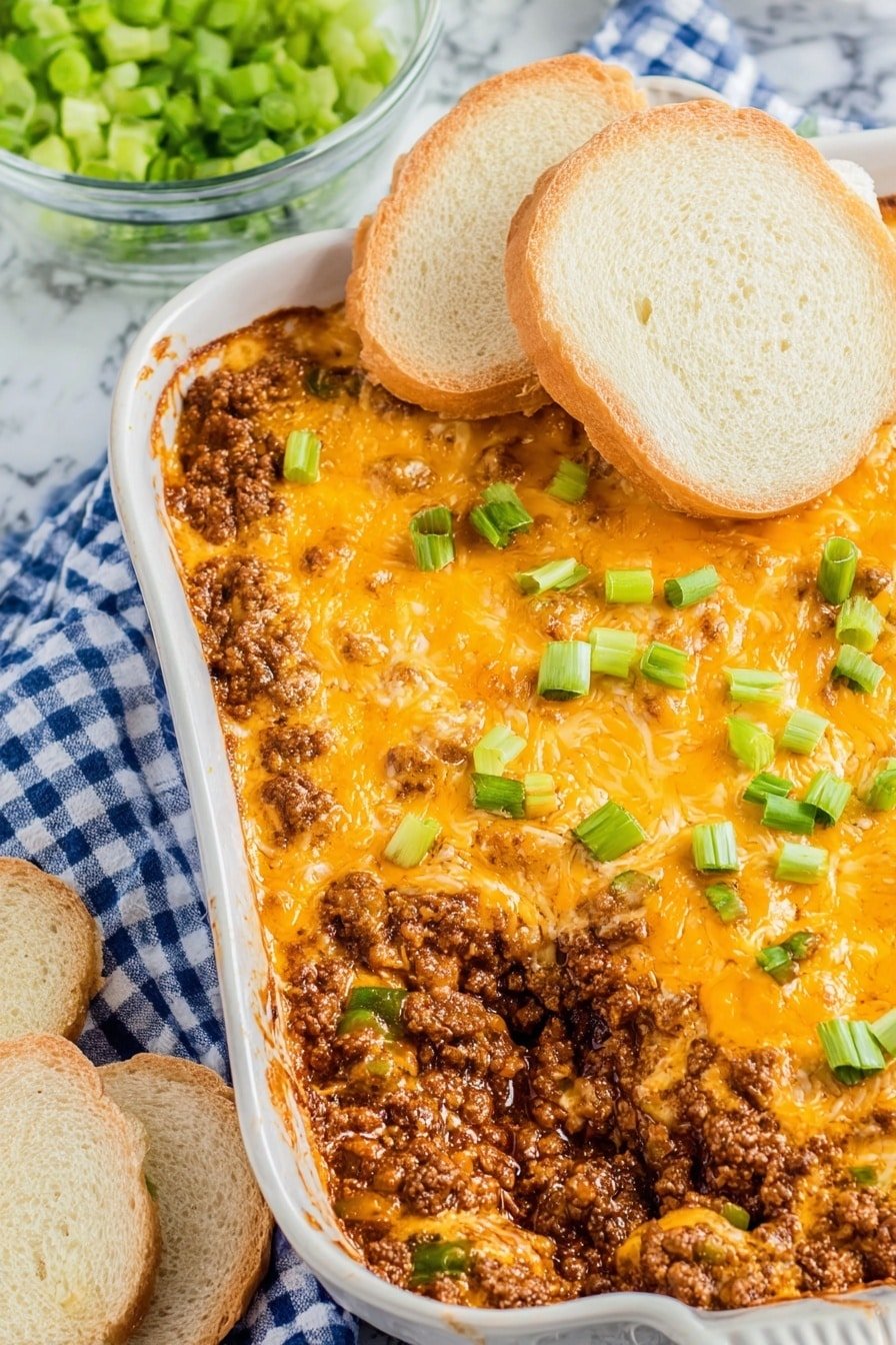 A close-up view of a dish in an ornate white casserole showing three layers: the bottom layer is cooked ground beef with a brown, tender texture mixed with small pieces of green vegetables, the middle layer is melted orange cheddar cheese spread unevenly with some browned spots, and the top is garnished with small pieces of chopped green onions scattered softly over the cheese. Two slices of light tan crusty bread rest on top, one slightly overlapping the other, showing their soft holes inside. The casserole sits on a white marbled surface next to a glass bowl filled with chopped green onions and a few slices of bread on a blue and white checkered cloth. Photo taken with an iphone --ar 2:3 --v 7