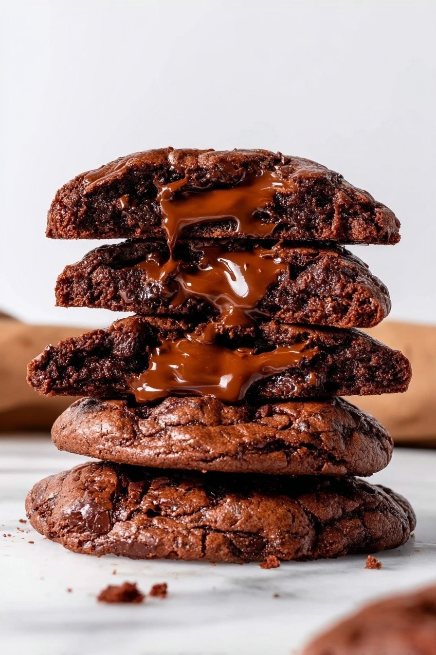 Four thick layers of rich, dark brown chocolate cookies are stacked unevenly on each other, showing the soft inside with melted, shiny milk chocolate oozing from each layer. The cookies have a rough texture with a slightly crispy edge, and the melted chocolate glistens with a creamy shine inside the darker crumb. The stack sits on a white marbled surface with a small bit of cookie crumb scattered around. There is a blurry piece of cookie in the foreground. The background is plain and white, putting full focus on the stack of cookies. Photo taken with an iphone --ar 2:3 --v 7