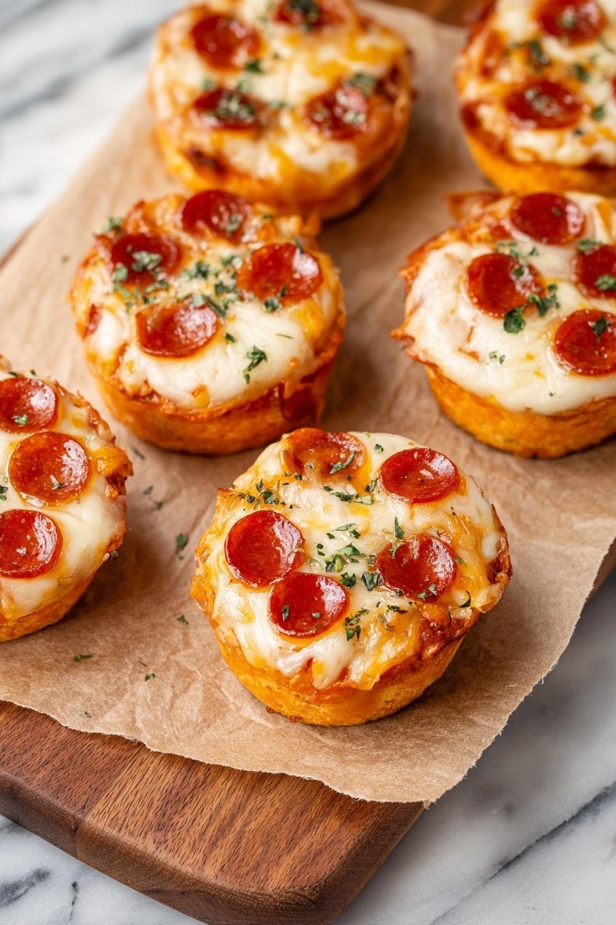 There are six mini round pizzas arranged on white parchment paper on a wooden board with a white marbled surface underneath. Each mini pizza has three layers: a thick orange base, a middle layer of melted white and orange cheese, and on top, small round pepperoni slices with green parsley sprinkled over them. The cheese on top looks shiny and soft with some small melted pools around the pepperoni pieces. Photo taken with an iphone --ar 2:3 --v 7