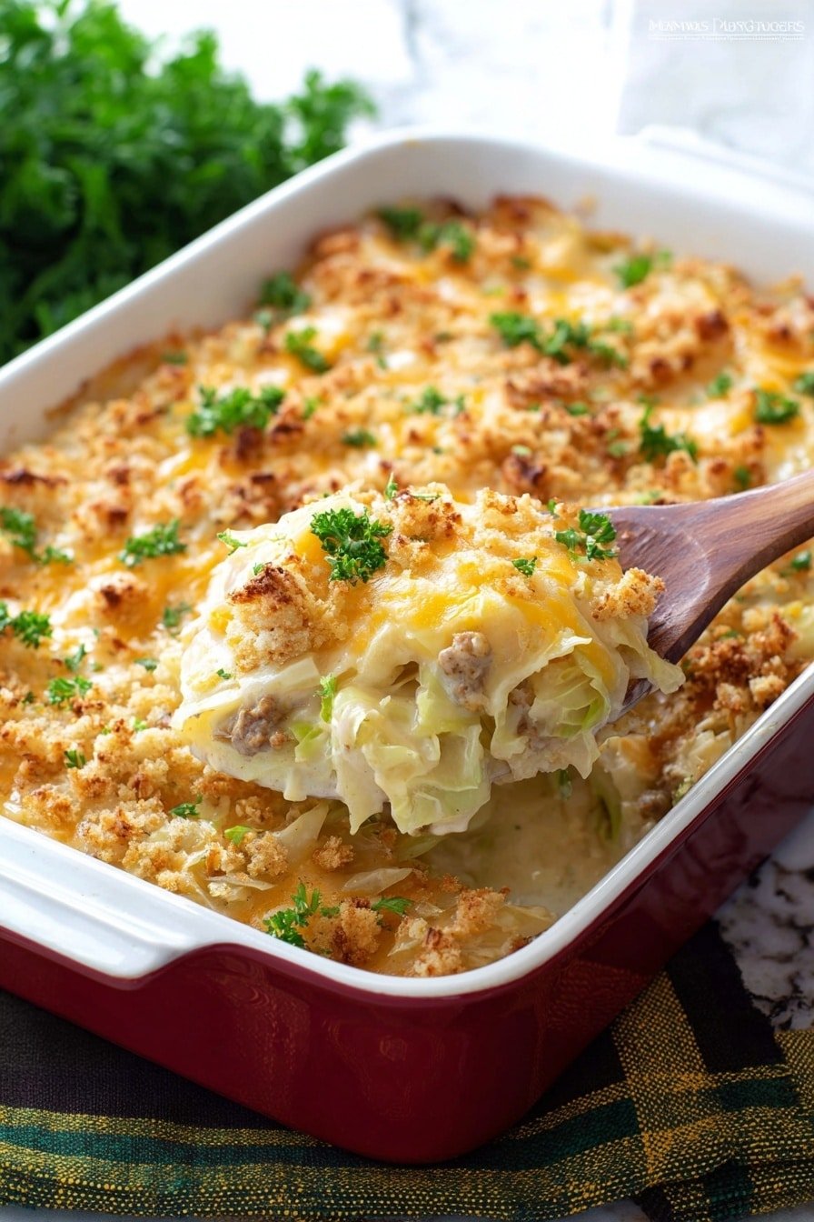 The image shows a white baking dish filled with a golden-brown casserole that has a crumbly, crunchy top layer. The top layer is made up of crispy, crushed pieces with small green garnish leaves scattered over it. Below the crunchy topping is a creamy, cheesy layer with bits of light yellow melted cheese visible. A spoon is lifting a scoop of the casserole, revealing soft, creamy layers underneath with a slight stretch of cheese. The dish is placed on a folded gray and yellow striped cloth on a dark wooden surface. Fresh green parsley leaves are placed around the dish, and two shiny forks rest to the side. The background has a white marbled texture. photo taken with an iphone --ar 2:3 --v 7
