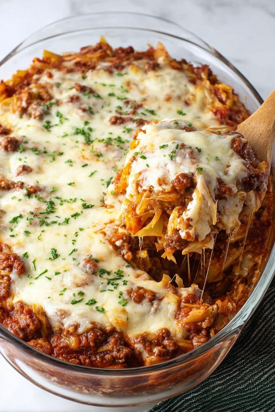 A white oval dish filled with a layered baked pasta casserole, showing a top layer of melted, creamy white cheese sprinkled with chopped green herbs. Underneath, layers include reddish-brown tomato sauce mixed with browned ground meat and pasta pieces with a soft texture. A large spoon is scooping a portion from the right side, showing melted cheese stretching and a mix of sauce, pasta, and meat. The dish sits on a white marbled surface. Photo taken with an iphone --ar 2:3 --v 7