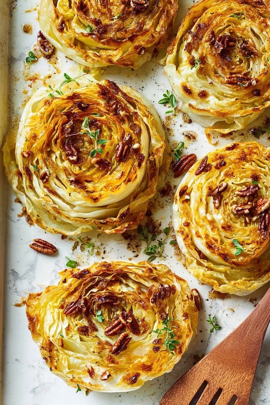 The image shows five roasted cabbage slices shaped like roses, each with many layers of golden-brown, wrinkled cabbage leaves that are slightly charred at the edges, arranged on a white marbled baking tray. The cabbage layers have a creamy pale yellow color with dark brown toasted parts, and some chopped pecans sprinkled inside and around the slices. Small green herb leaves are scattered on top for garnish. A wooden brush with light bristles is brushing one of the cabbage roses near the bottom right. The overall look is textured, crispy, and slightly oily. photo taken with an iphone --ar 2:3 --v 7