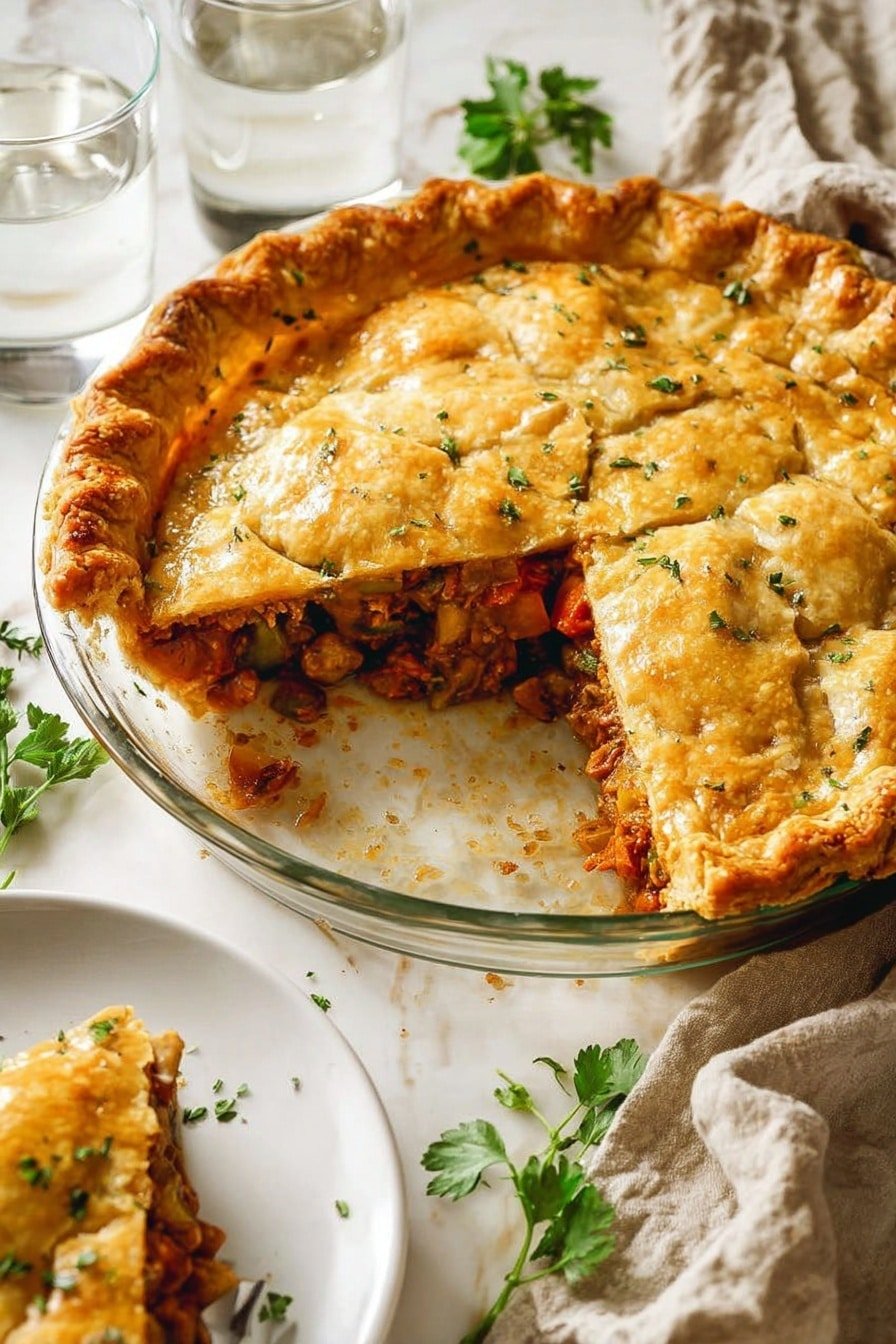 A round clear glass pie dish holds a golden brown pie with a slightly shiny crust, flaky edges, and small green herb bits sprinkled on top. One slice is missing, showing a rich, chunky filling of reddish-brown meat and vegetables inside. A white plate with a slice of the pie sits nearby on a white marbled surface, with a silver fork placed next to it. Fresh green herb sprigs and a clear glass of water are around the pie, along with a striped cloth napkin. The whole scene has soft lighting and a clean, inviting look. Photo taken with an iphone --ar 2:3 --v 7