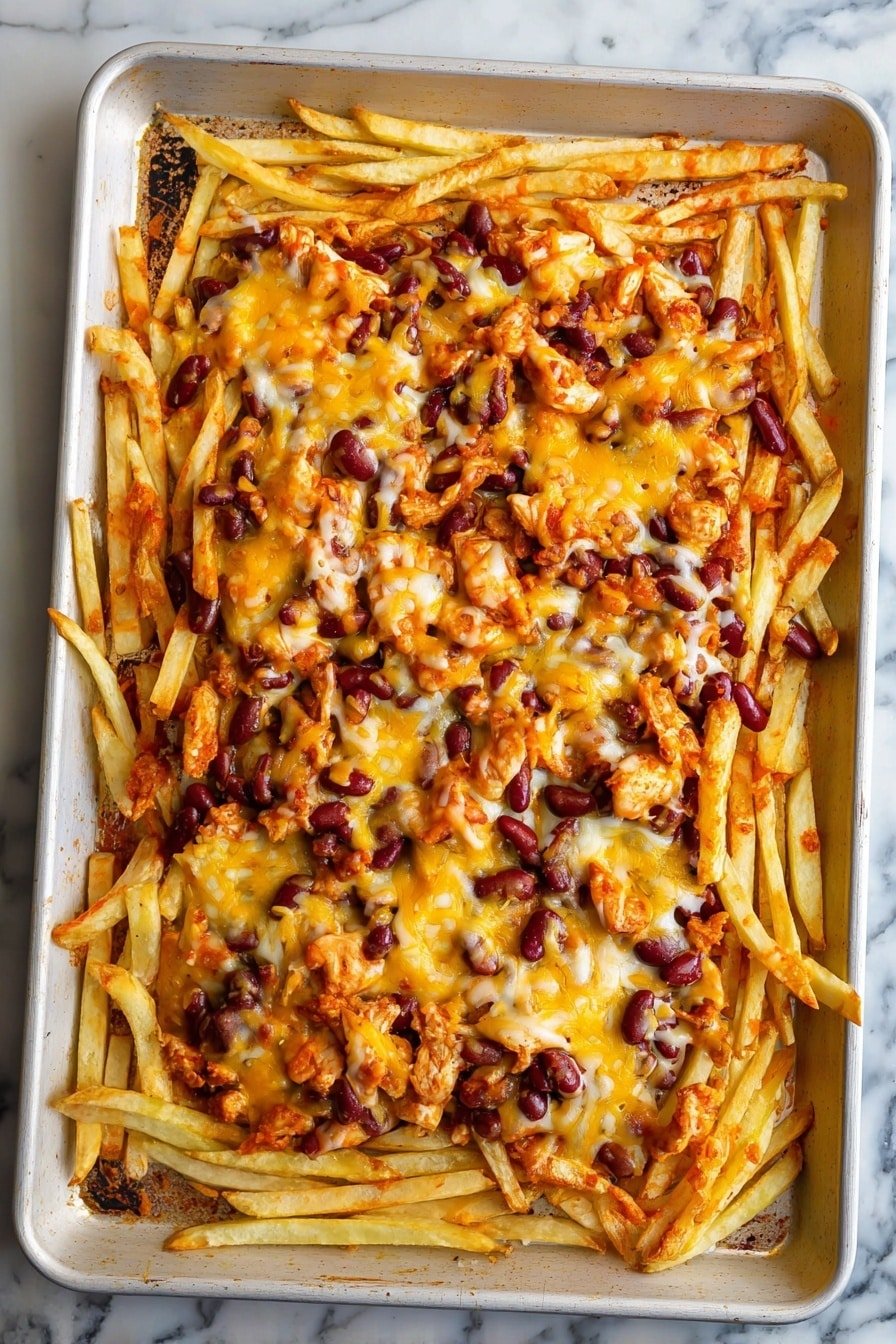 A large dark baking tray filled with two layers: the bottom layer is a pile of golden, thin French fries that have a slightly crispy texture, some fries spread unevenly to the edges of the tray; the top layer is a mix of small pieces of brownish-orange cooked chicken and dark red kidney beans, all generously sprinkled with melted orange and white cheese that covers the toppings unevenly, creating a rich, textured look. The tray is placed on a white marbled surface. photo taken with an iphone --ar 2:3 --v 7